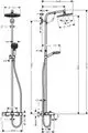 Hansgrohe Duschsystem mit Kopfbrause und Handbrause, inklusive Thermostat und flexibler Höhenverstellung, dargestellt in technischen Zeichnungen mit Maßangaben.